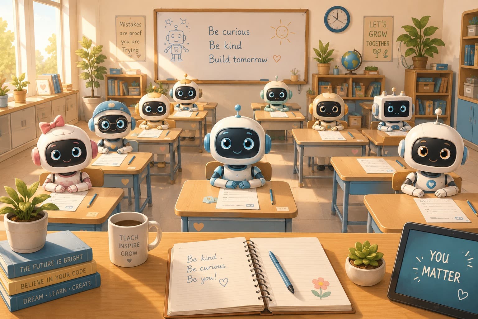 A classroom of friendly AI robots sitting the Dutch final exams